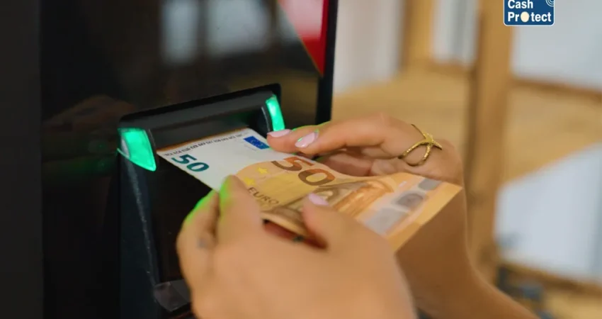 Cliente pagando en efectivo en un comercio con cajón automático de gestión de caja