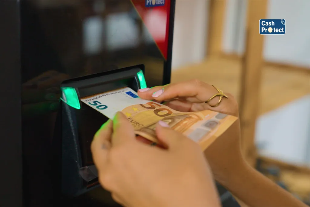 Cliente pagando en efectivo en un comercio con cajón automático de gestión de caja