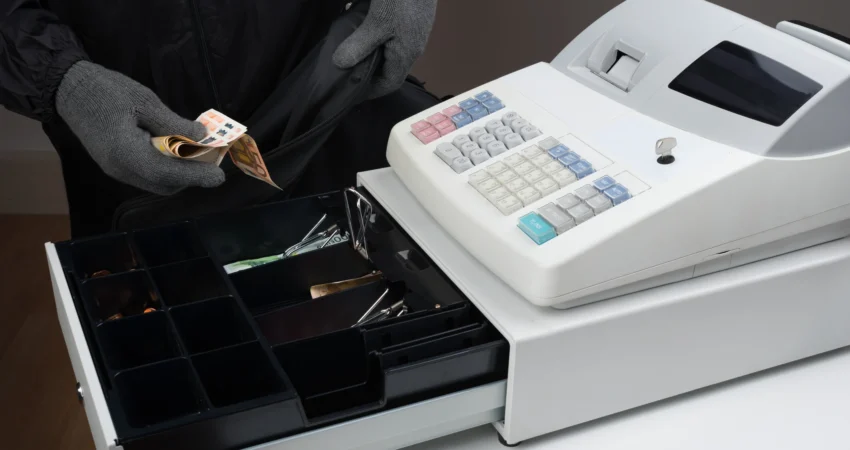 Ladrón abriendo caja registradora tradicional poco segura