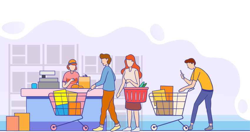 Tienda retail durante Black Friday con sistema de gestión de colas eficiente y clientes comprando sin esperas largas