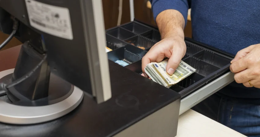 Personal manipulando el efectivo en caja durante cambios de turno