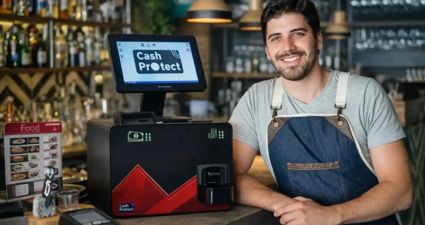 Empresario PYME preocupado por la cuesta de enero y la liquidez, usando sistema CashProtect de gestión de efectivo sin descuadres.